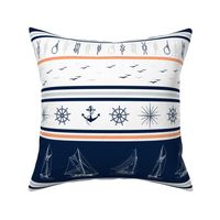 Nautical stripe blanket sailor blanket cheater quilt sailboats, anchors, windroses  Navy blue, grey, coral on white