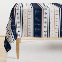 Nautical stripe blanket sailor blanket cheater quilt sailboats, anchors, windroses  Navy blue, grey, coral on white