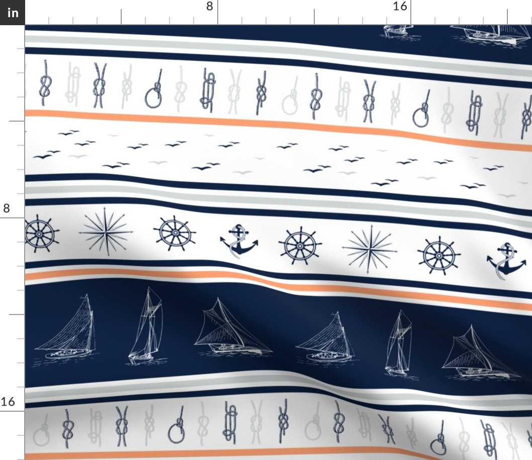 Nautical stripe blanket sailor blanket cheater quilt sailboats, anchors, windroses  Navy blue, grey, coral on white