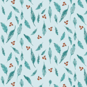 Feathers on Light Teal with Berries