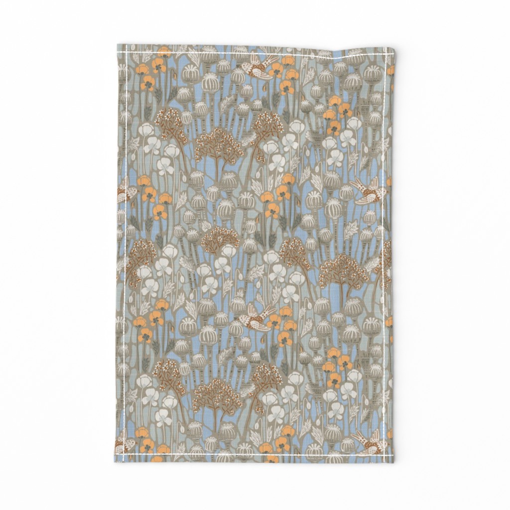 medium - Poppy field with birds in neutral colors- colder tones - medium scale -14,4" in fabric - 12" in wallpaper