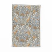 medium - Poppy field with birds in neutral colors- colder tones - medium scale -14,4" in fabric - 12" in wallpaper