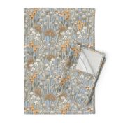 medium - Poppy field with birds in neutral colors- colder tones - medium scale -14,4" in fabric - 12" in wallpaper