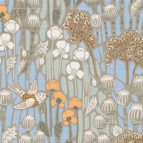 medium - Poppy field with birds in neutral colors- colder tones - medium scale -14,4" in fabric - 12" in wallpaper