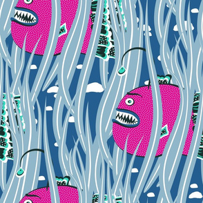 Pink Deepwater anglerfish in blue seaweed on blue background