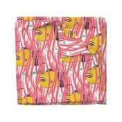 Yellow Deepwater anglerfish in pink seaweed on white background