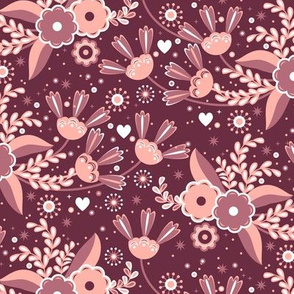 Folk. Small pink flowers on a burgundy background