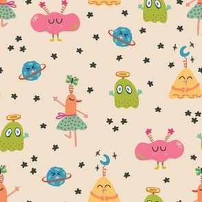 Colorful Happy Monsters, Halloween for Kids, Cute and Sweet Creatures, Stars and Planets