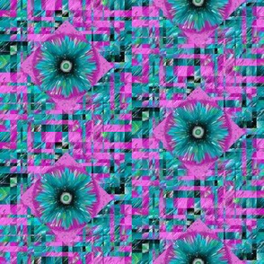 BYF3 - Medium - Bulls Eye Floral Medium - Scattered Contemporary Plaid with Floral Medallions in Turquoise and Rose