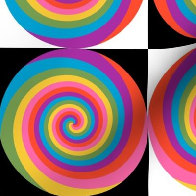 Rainbow Hippie Spirals in Trendy1970s Colors on Checkerboard