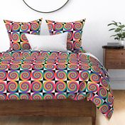 Rainbow Hippie Spirals in Trendy1970s Colors on Checkerboard