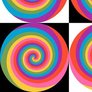 Rainbow Hippie Spirals in Trendy1970s Colors on Checkerboard
