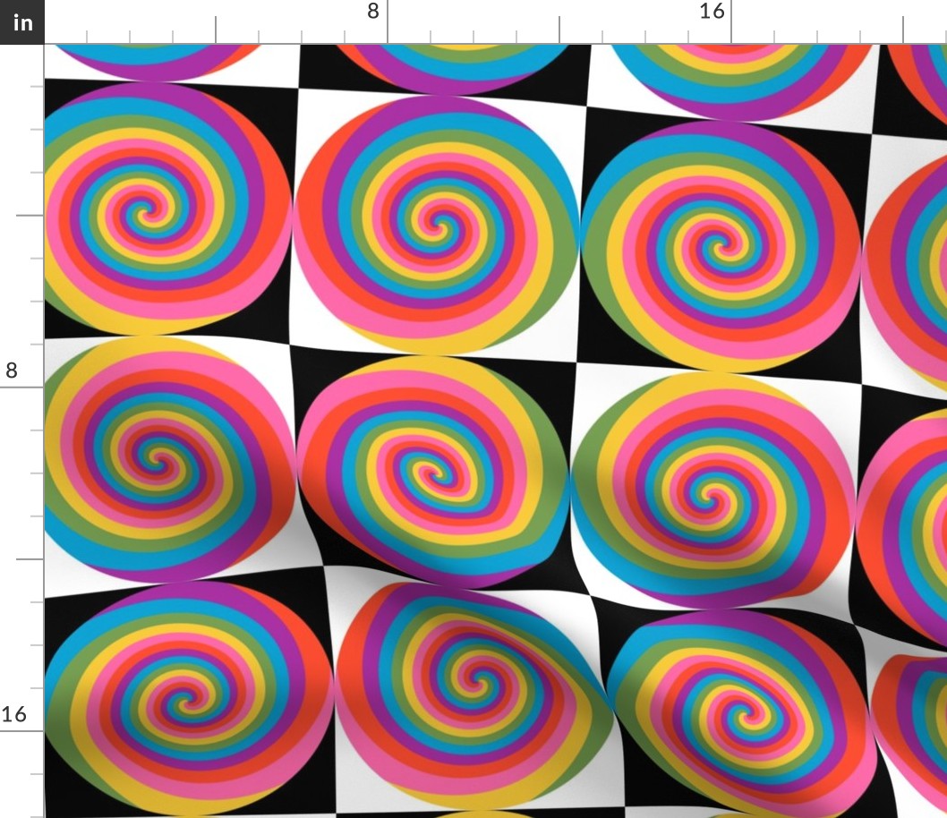 Rainbow Hippie Spirals in Trendy1970s Colors on Checkerboard