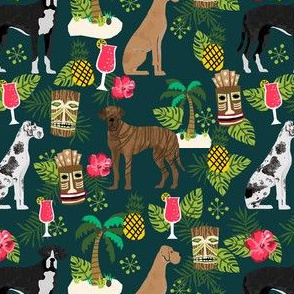 great dane dog tiki fabric - tropical tiki fabric, tiki design, cute dog, dogs fabric, - dark green