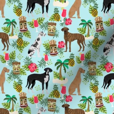 great dane dog tiki fabric - tropical tiki fabric, tiki design, cute dog, dogs fabric, - light blue