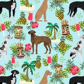 great dane dog tiki fabric - tropical tiki fabric, tiki design, cute dog, dogs fabric, - light blue