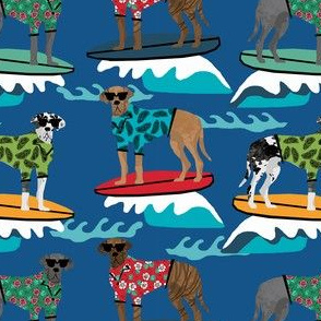 great dane surfing dog fabric - dog fabric, great dane fabric, surfing fabric, surf fabric, wave - dark blue