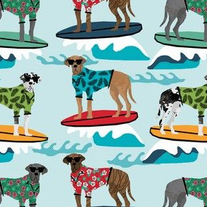 great dane surfing dog fabric - dog fabric, great dane fabric, surfing fabric, surf fabric, wave - blue