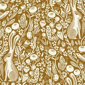hare linocut fabric - botanical linocut wood block fabric, block print fabric, andrea lauren design - brown & cream -  4