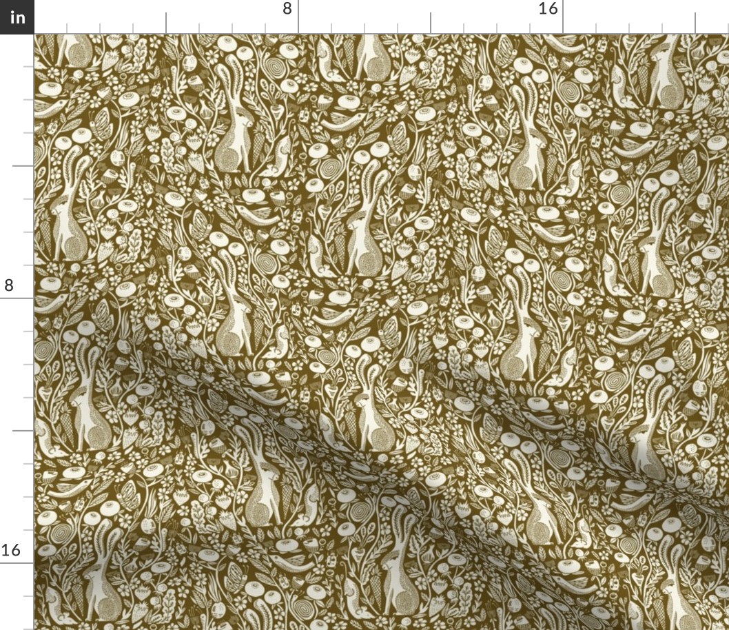 hare linocut fabric - botanical linocut wood block fabric, block print fabric, andrea lauren design - brown & cream - 2