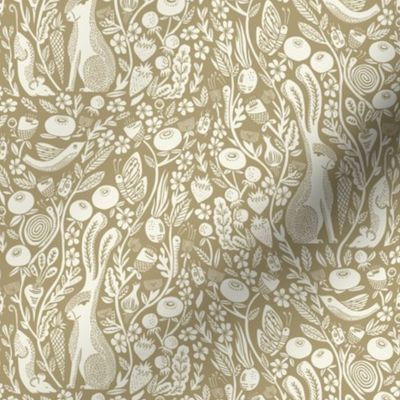 hare linocut fabric - botanical linocut wood block fabric, block print fabric, andrea lauren design - brown & cream -  1