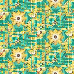 BYF4 - Bull's Eye Floral  Scattered Plaid with Floral Medallion in Goldenrod Yellow and Turquoise