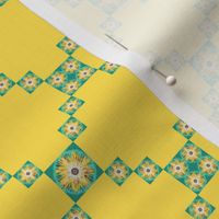 BYF4 - Small - Bull's Eye Floral Trellis aka Single Irish Chain  in Goldenrod Yellow and Turquoise