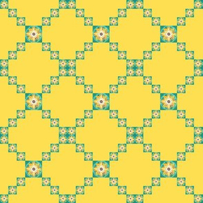 BYF4 - Small - Bull's Eye Floral Trellis aka Single Irish Chain  in Goldenrod Yellow and Turquoise