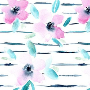 Watercolor florals with stripes || tender pattern for baby girls