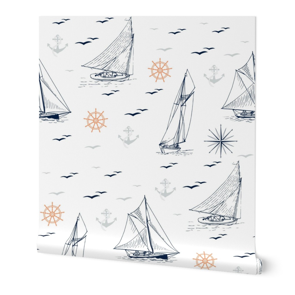 Navy blue sailboats with windroses, anchors and wheels