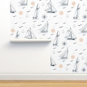 Navy blue sailboats with windroses, anchors and wheels