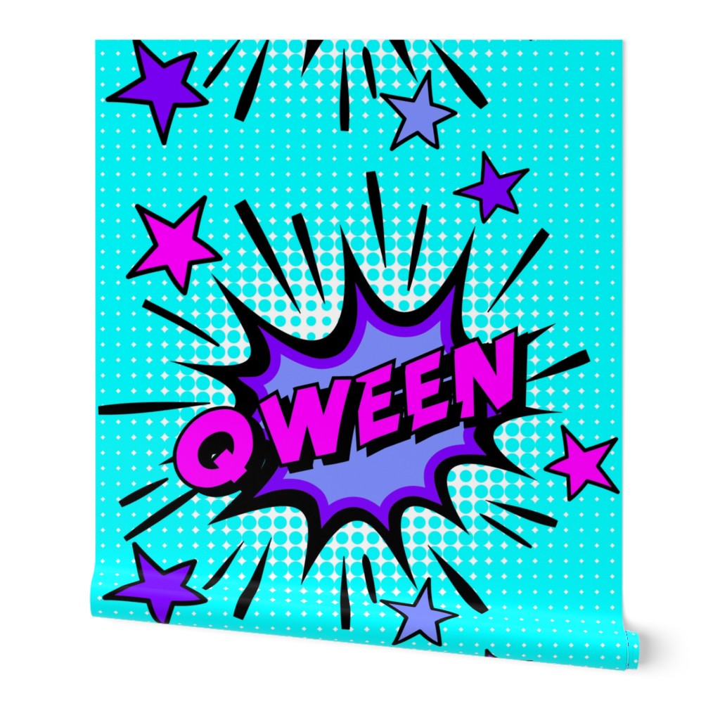 15 qween queen pop art comic book explosion stars burst explode rupaul's drag race RPDR catchphrases culture influencer quotes slang cultural word internet social media vintage retro drag queens homage comic strips speech bubble balloons neon pink blue pu