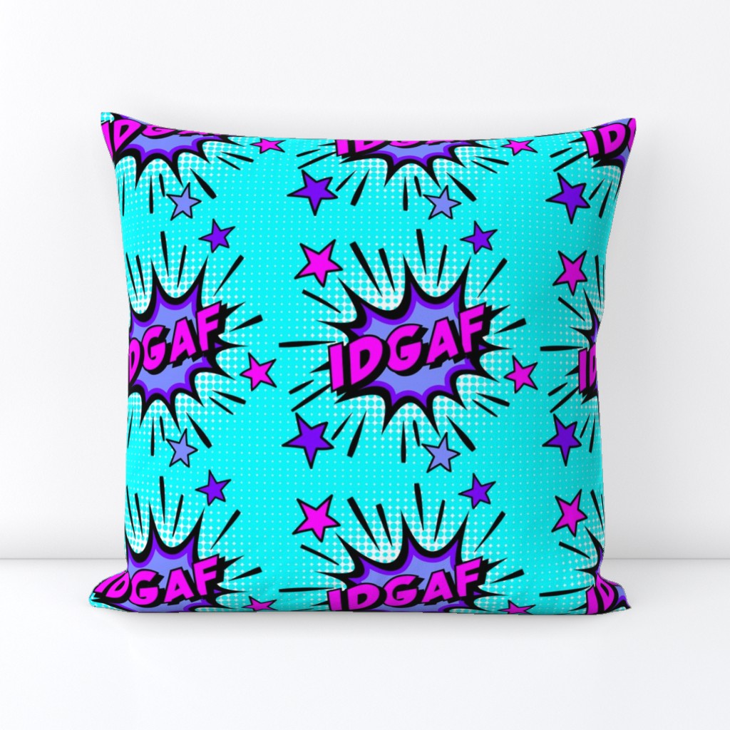 23 idgaf i don't give a fuck acronym short forms millennial terms pop art comic book explosion stars burst explode catchphrases slang culture words influencer quote internet social media vintage retro comic strips speech bubble balloons neon pink blue pur