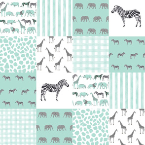 Safari cheater quilt - mint, safari quilt, gender neutral nursery, nursery quilt, mint nursery, zebra, zebra quilt, cute animals, baby quilt