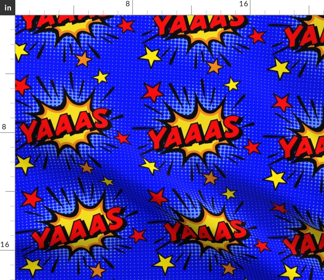 18 yes yas yaaas pop art comic book explosion stars burst explode rupaul's drag race RPDR catchphrases culture influencer quotes slang cultural word internet social media vintage retro drag queens homage comic strips speech bubble balloons primary colors 