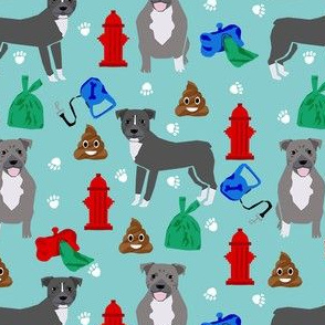 pitbull dog walker fabric - dog walker fabric, hydrant, poo, dog poop, poop, funny, cute dog fabric - blue
