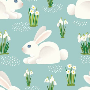 BUNNIES & SNOWDROPS - AQUA 10"