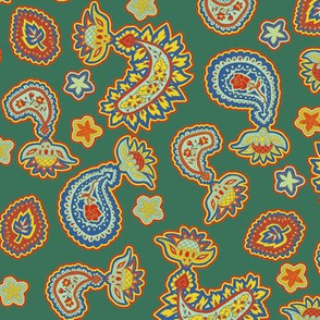 Green Yellow and Red Paisley in Trendy1930s Colors