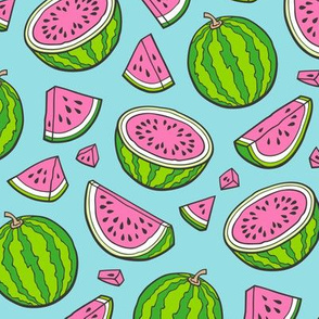 Pink Watermelons Watermelon Fruits on Blue