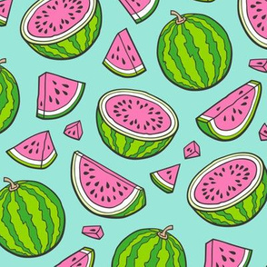 Pink Watermelons Watermelon Fruits on Mint Green