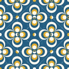abstract geometric flower shapes - yellow and white on dark blue