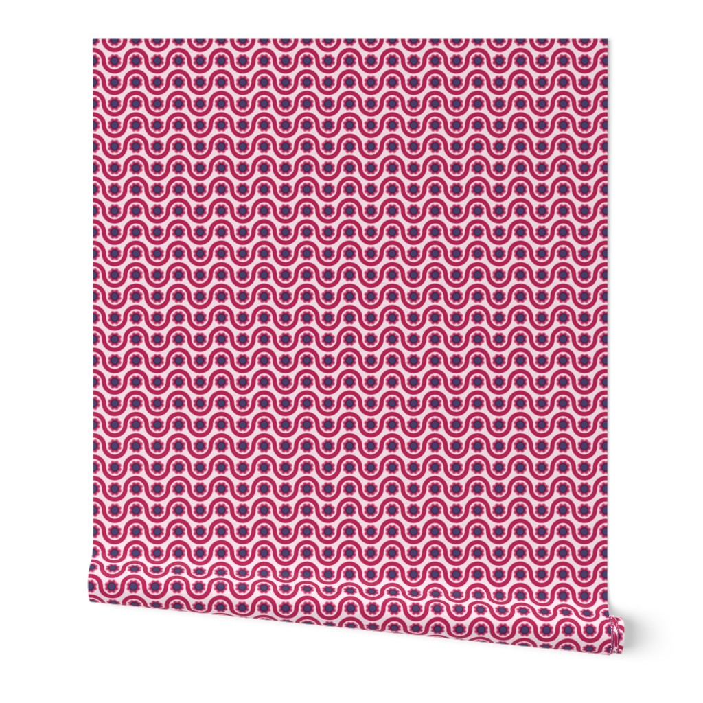Magenta waves with blue flowers on a pink background.