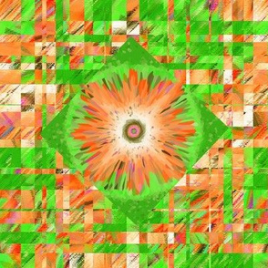 BYF8 - Large - Scattered Contemporary Plaid with Floral Medallions in Orange and Green