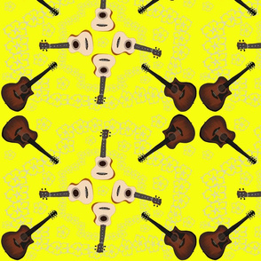 Guitars, Ukuleles, and Flowers on Yellow by DulciArt, LLC.
