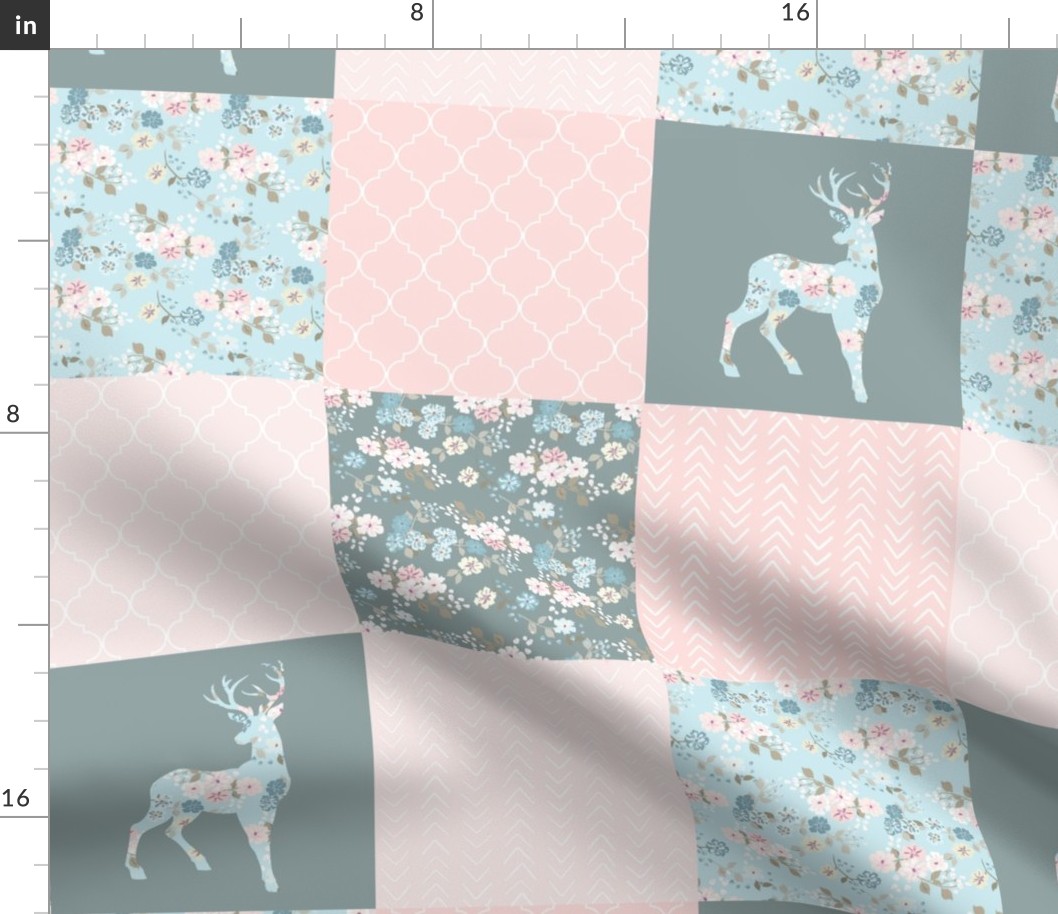 Boho Floral Deer - Wholecloth Quilt - WWCQ10