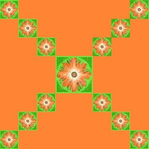 BYF8 - Bull's Eye Floral Trellis aka Single Irish Chain Cheater Quilt in Pastel Orange and Lemon-Lime