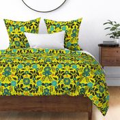 Bright Yellow, Red, Turquoise & Navy Blue Floral Pattern