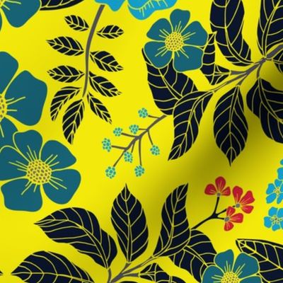 Bright Yellow, Red, Turquoise & Navy Blue Floral Pattern