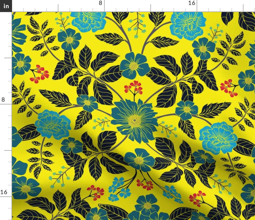 Bright Yellow, Red, Turquoise & Navy Blue Floral Pattern