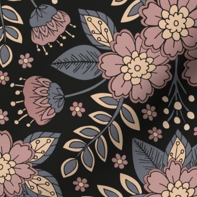 Blue-Gray, Mauve, Pink, Peach & Black Floral Pattern